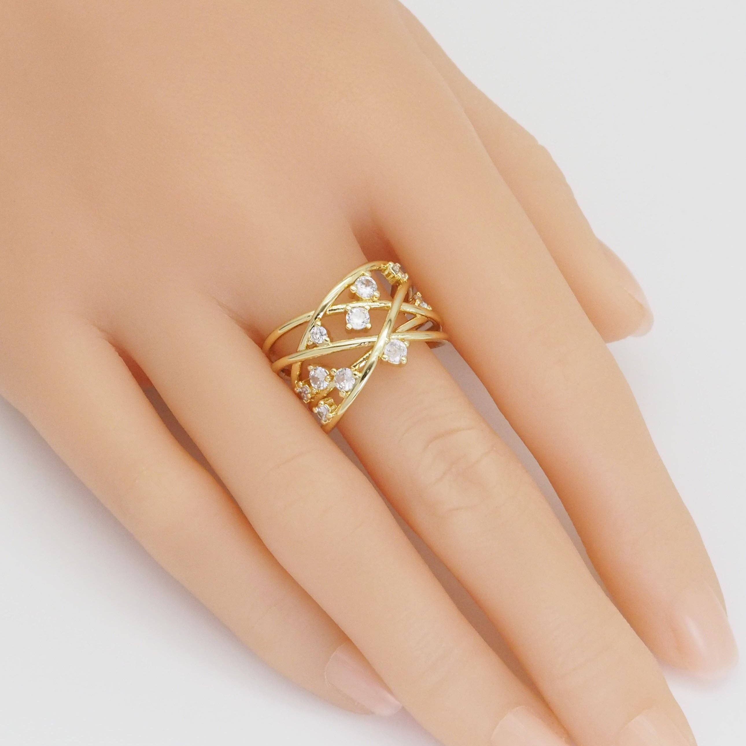 Multi CZ Cross Line Adjustable Ring, Sku#Y870