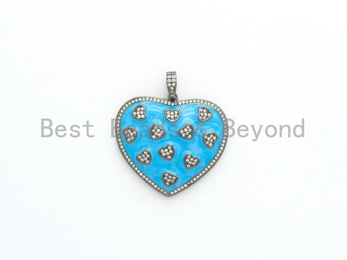 34*37mm Enamel Heart on Heart Pendant, CZ Micro Pave heart pendant, Enamel heart,Red/White/Pink/Blue Heart Focal Pendant, sku#F614