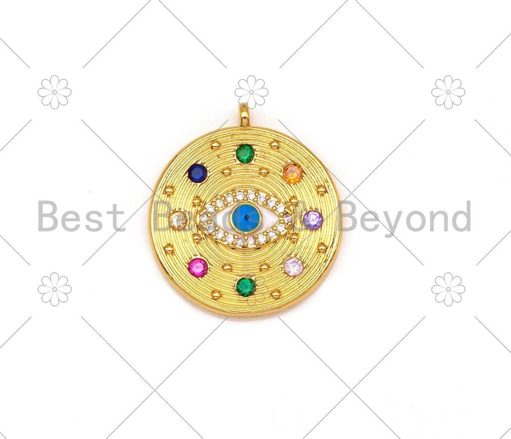 Colorful CZ Micro Pave Evil Eye On Round Coin Shape Pendant,18K Gold Filled Medallion Charm, Necklace Bracelet Charm,20x23mm,Sku#Y489