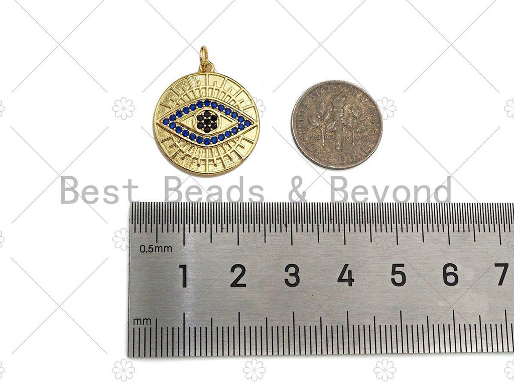 CZ Micro Pave Cobalt Blue Evil Eye On Round Coin Pendant/Charm,Cubic Zirconia Charm, Necklace Bracelet Charm Pendant,20x23mm, Sku#Y364