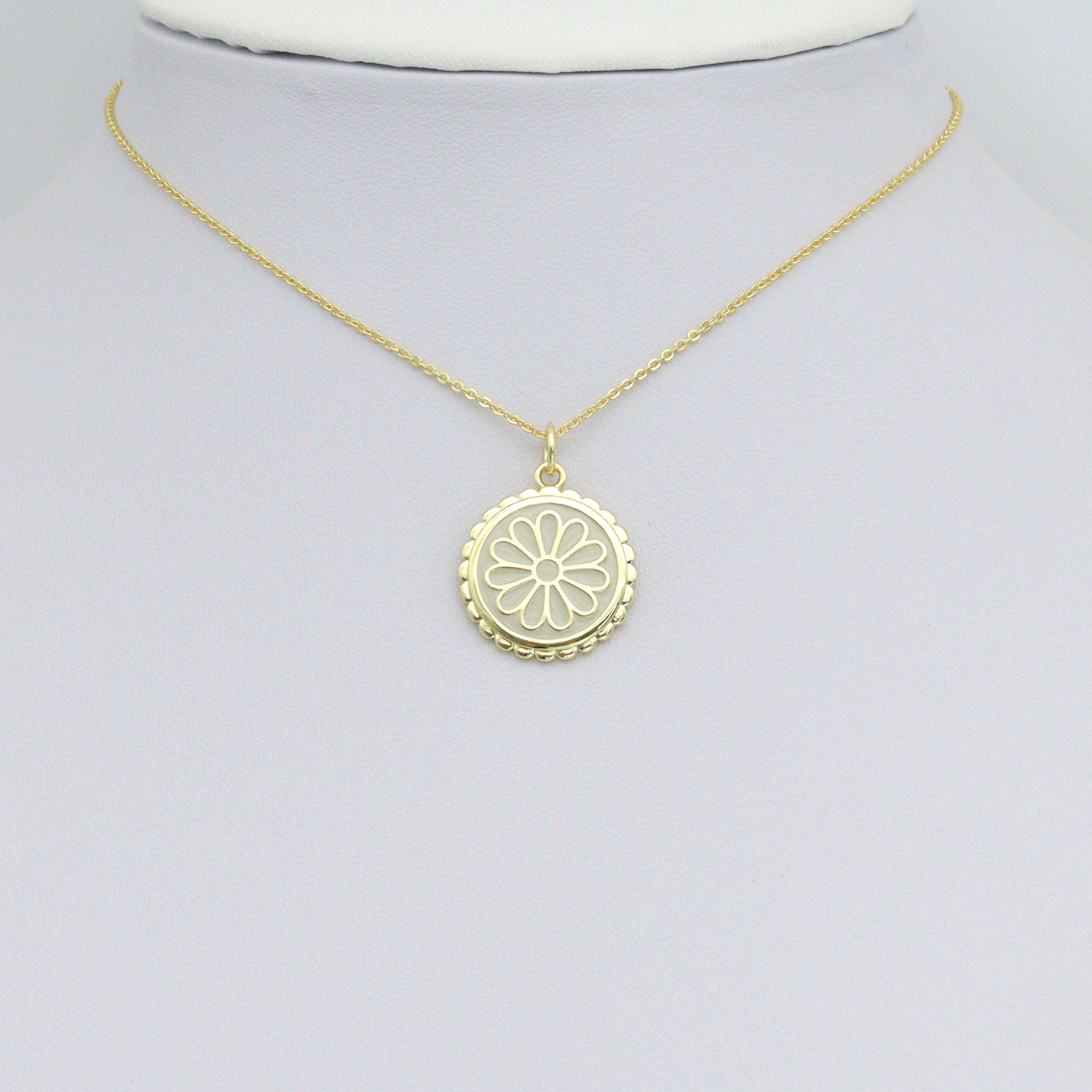 White Enamel Flower On Round Gold Charm Pendant, Sku#LX802