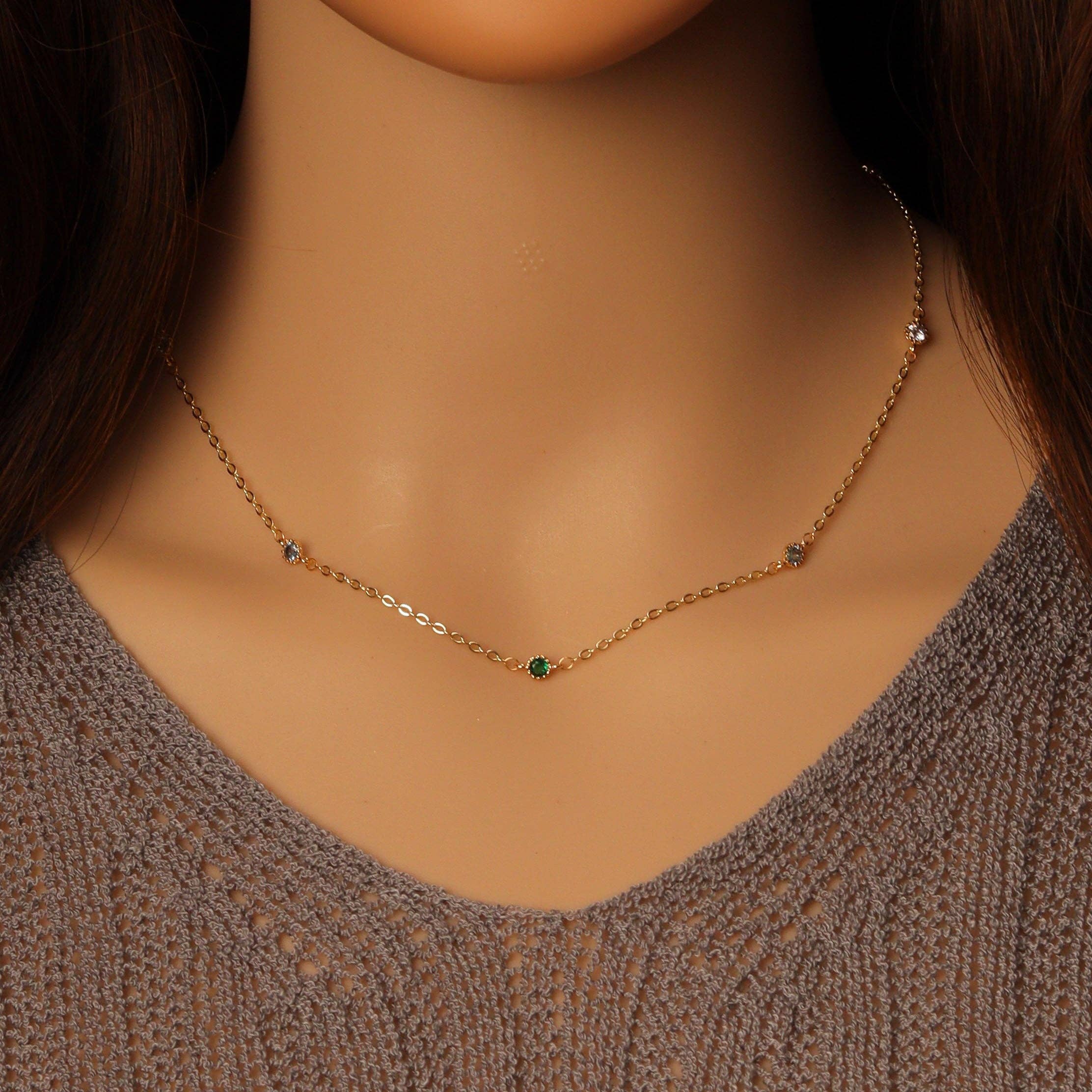 Diamond Green Clear blue CZ Bezel Link Necklace, Sku#EF490
