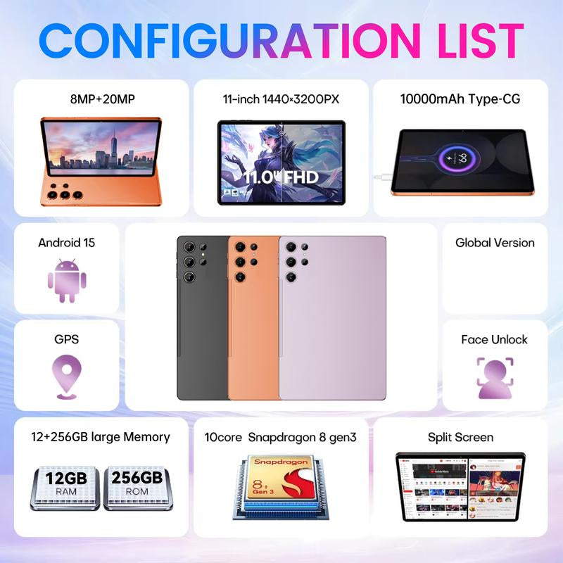 【2026 New Year Gift】X9 Tablet 256GB ROM Touchscreen Dual Camera Bluetooth Keyboard Case Mouse Stylus Type-C Charging Large Storage Portable Cellphone Smartphone