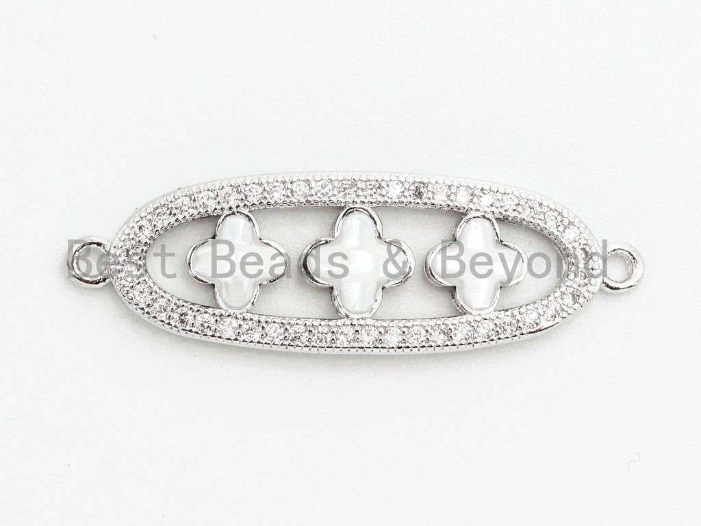 CZ Clear Micro Pave Four-leaf Beads On Oval Shaped Connector for Bracelet/Necklace, Cubic Zirconia Link Connector,10x32mm, 1pc, sku#Z35