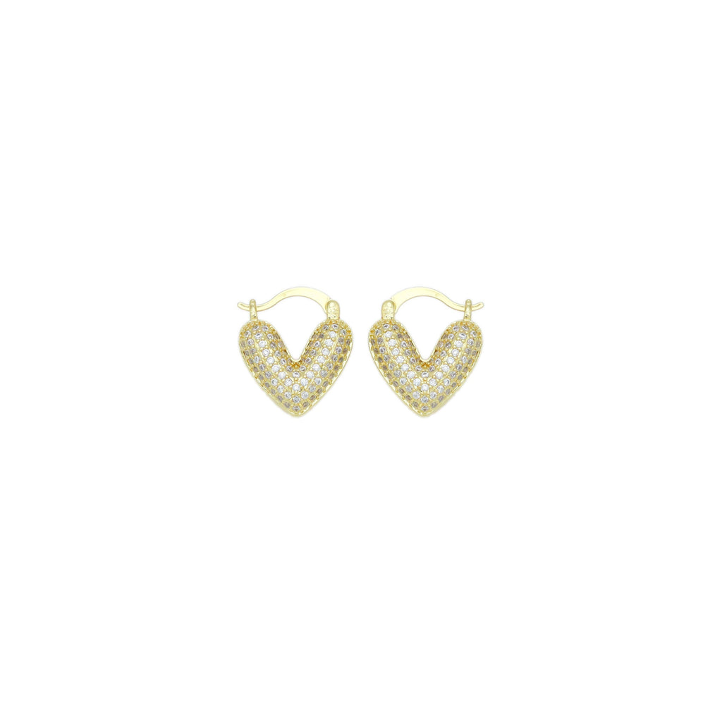 Clear CZ Puffy V Heart Shape Gold Hoop Earrings, Sku#LD616
