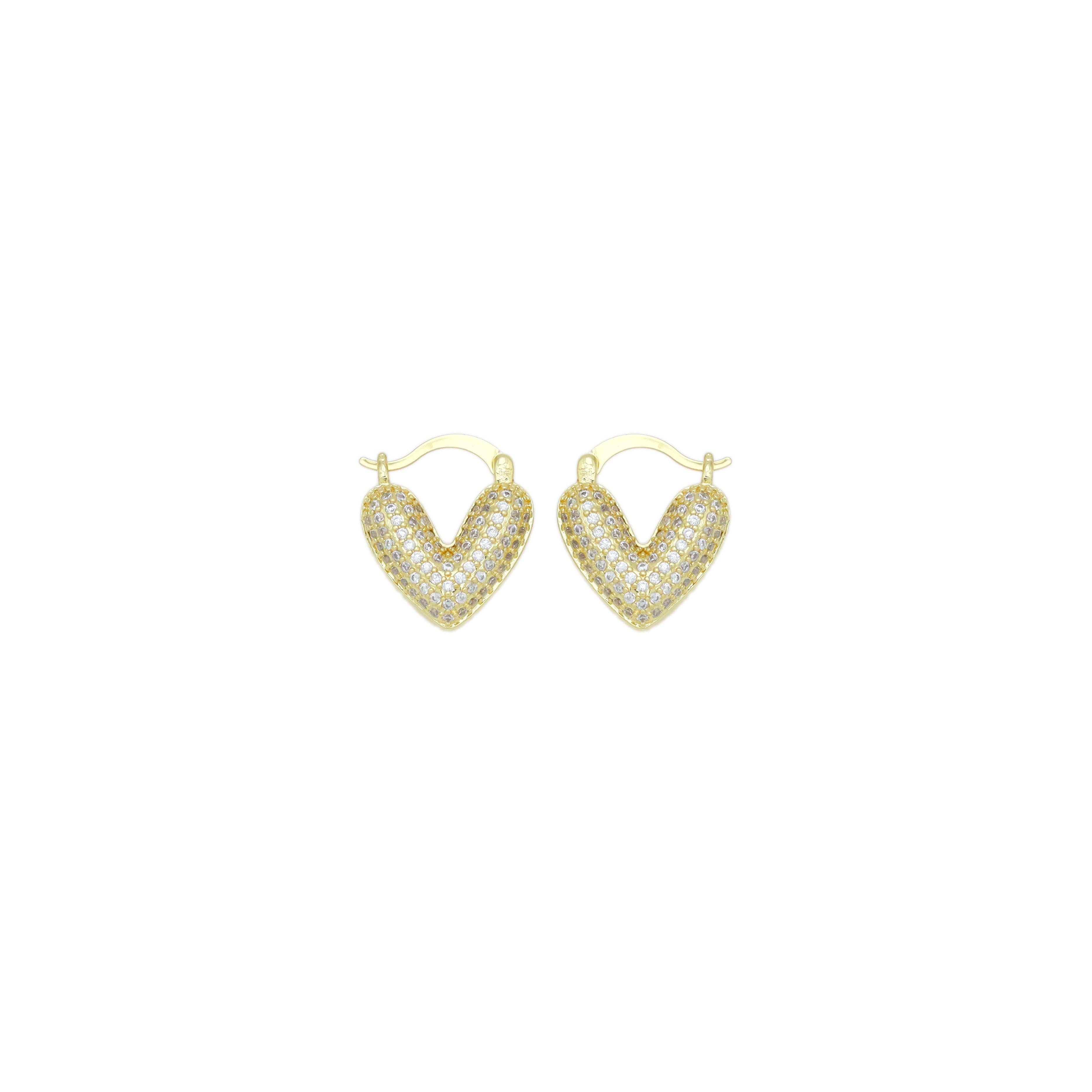 Clear CZ Puffy V Heart Shape Gold Hoop Earrings, Sku#LD616