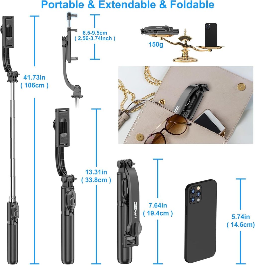 Selfieshow Selfie Stick, Extendable Selfie Stick Tripod with Wireless Remote and Tripod Stand, Portable, Lightweight, Compatible with Iphone 15 14 13 12 Pro Xs Max X 8Plus, Samsung Smartphone and More
