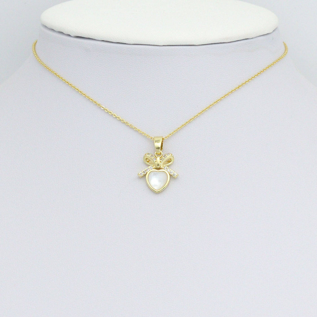 Clear CZ Gold Bow Mop Heart Charm Pendant, Sku#LX810