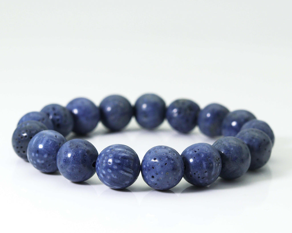 Natural Round Smooth Blue Sponge Coral Stretchy Bracelet, Sku#EF139