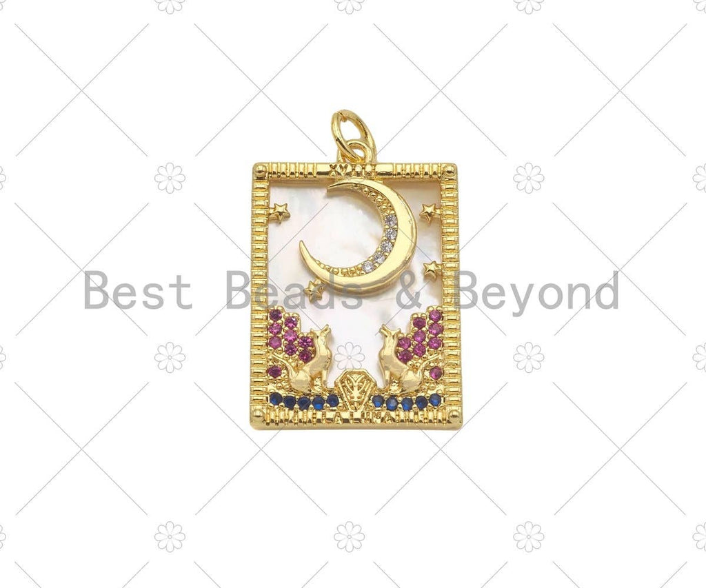 Gold Filled CZ Micro Pave North Star Cresent Moon on Mother of Pearl Rectangle Pendant,18K Gold Filled MOP Charm,17x24mm,Sku#Z1338