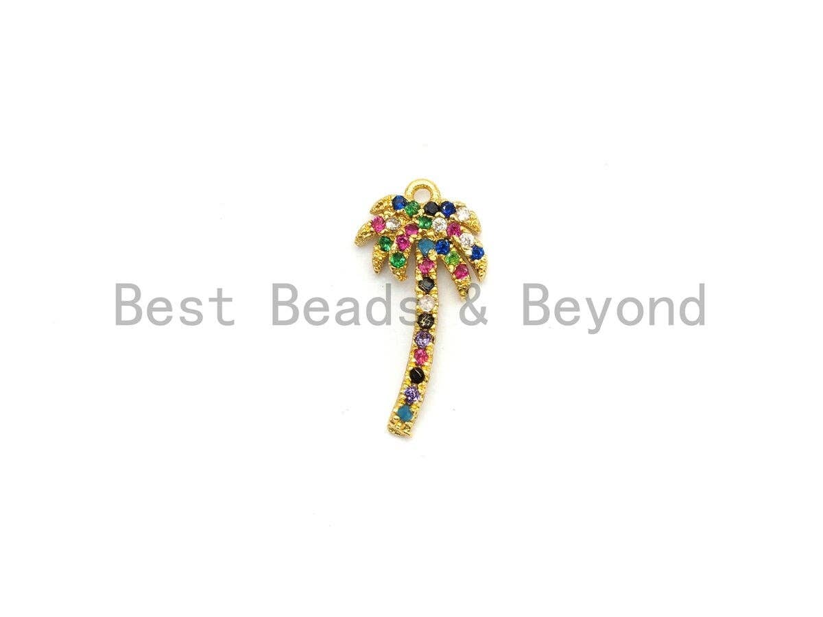 CZ Micro Pave Multi color Coconut Tree Pendant, Tree Shaped Pave Pendant, Gold plated, 10x19mm, Sku#B115