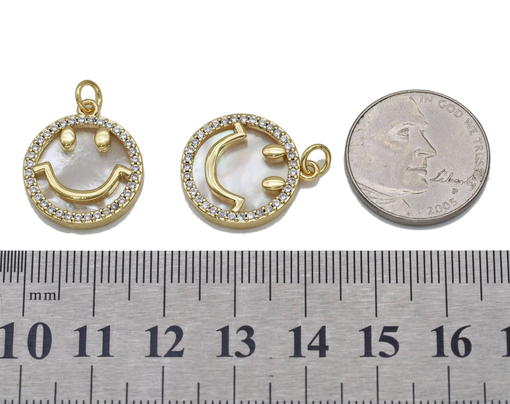 Gold CZ Smiley Face On Round Pearl Charm, Sku#L712