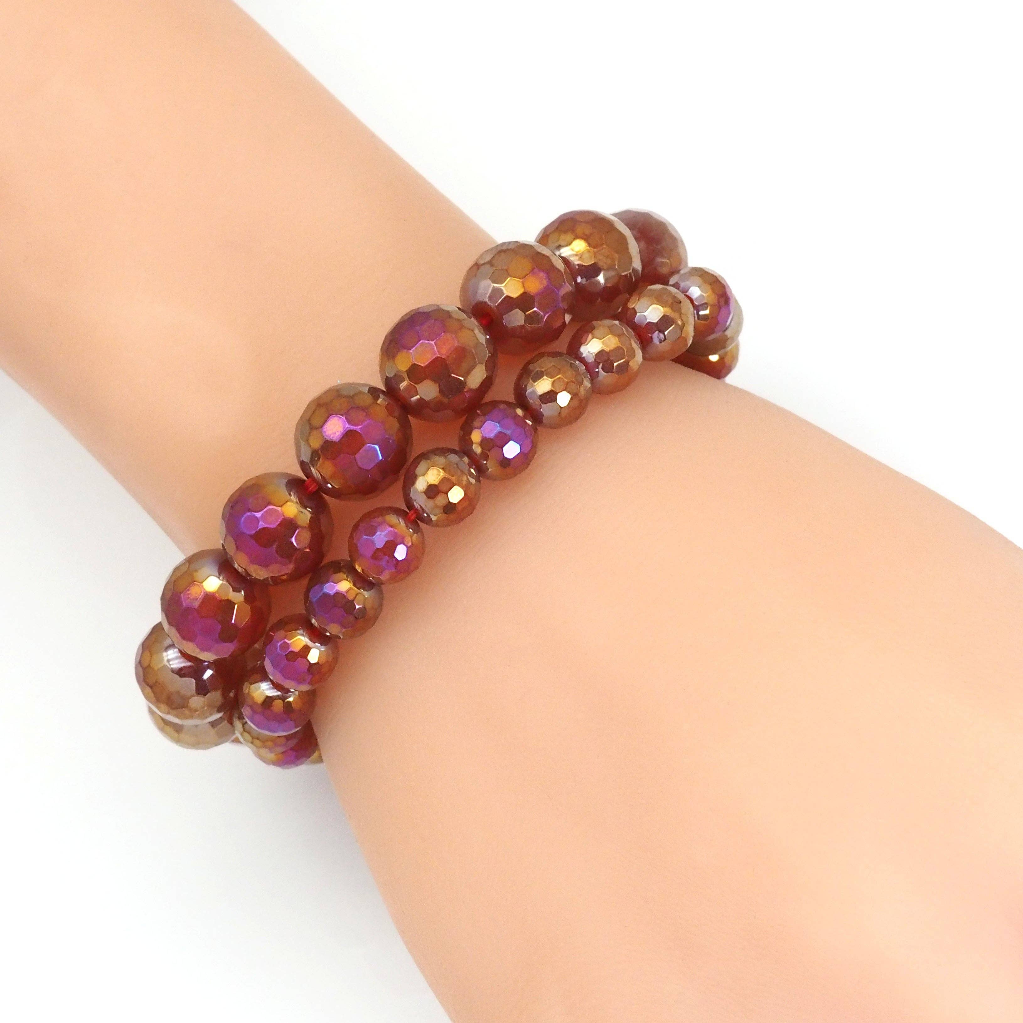 Mystic Carnelian Round Faceted Stretchy Bracelet, Sku#EF383