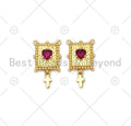 Fuchsia Heart CZ Micro Pave with Cross On Rectangle Shape Pendant, 18K Gold Filled Charm, Necklace Bracelet Charm Pendant,11x14mm,Sku#LK402