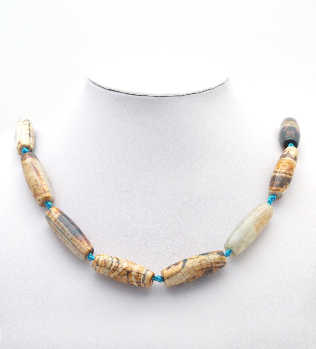 Natural Blue Brown Tibetan Agate Barrel Smooth Agate, 14x40mm Focal Beads, Sku#U1439