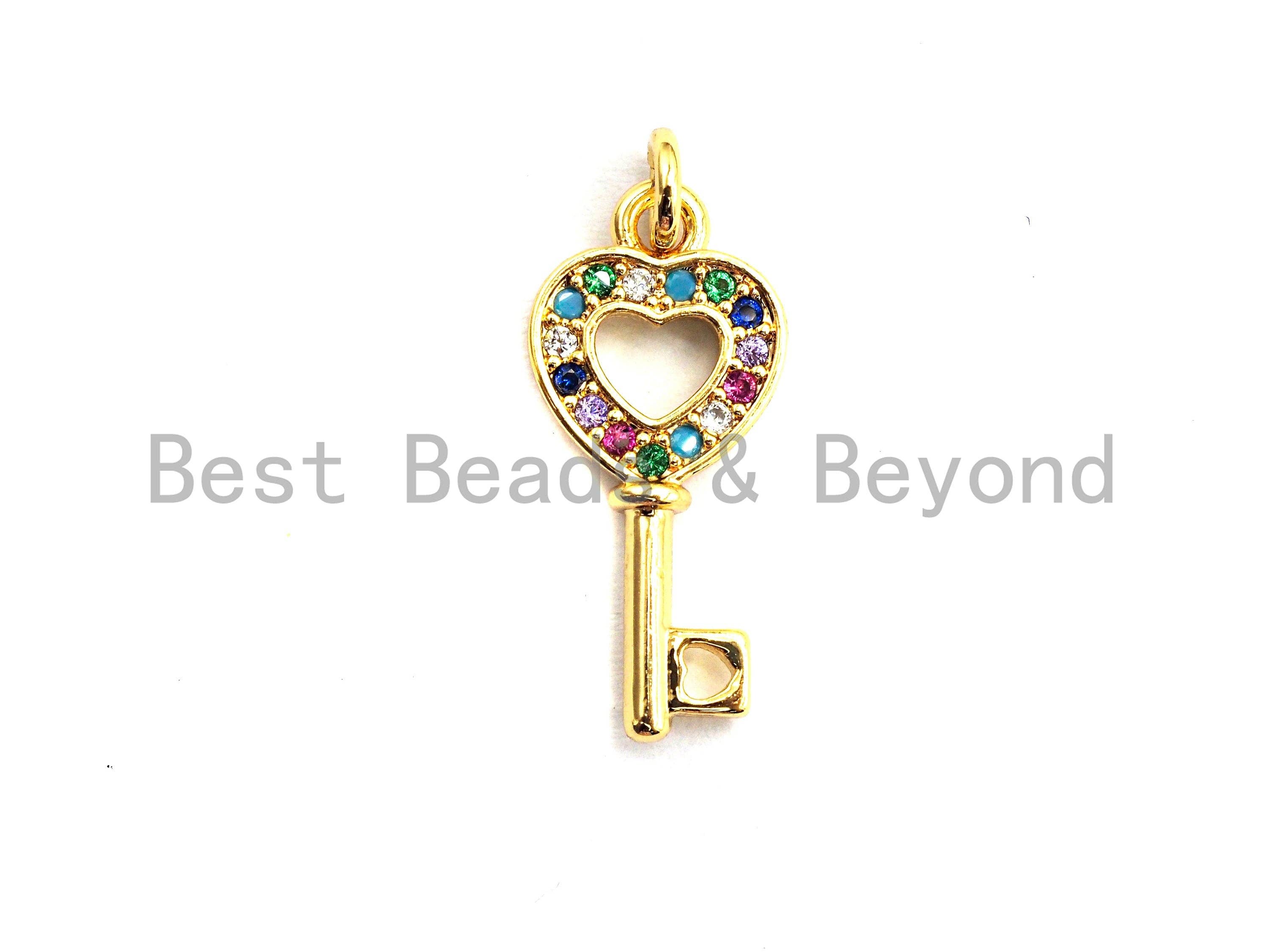 CZ Colorful Micro Pave Heart Shape Key Charm Pendant, Key Sh