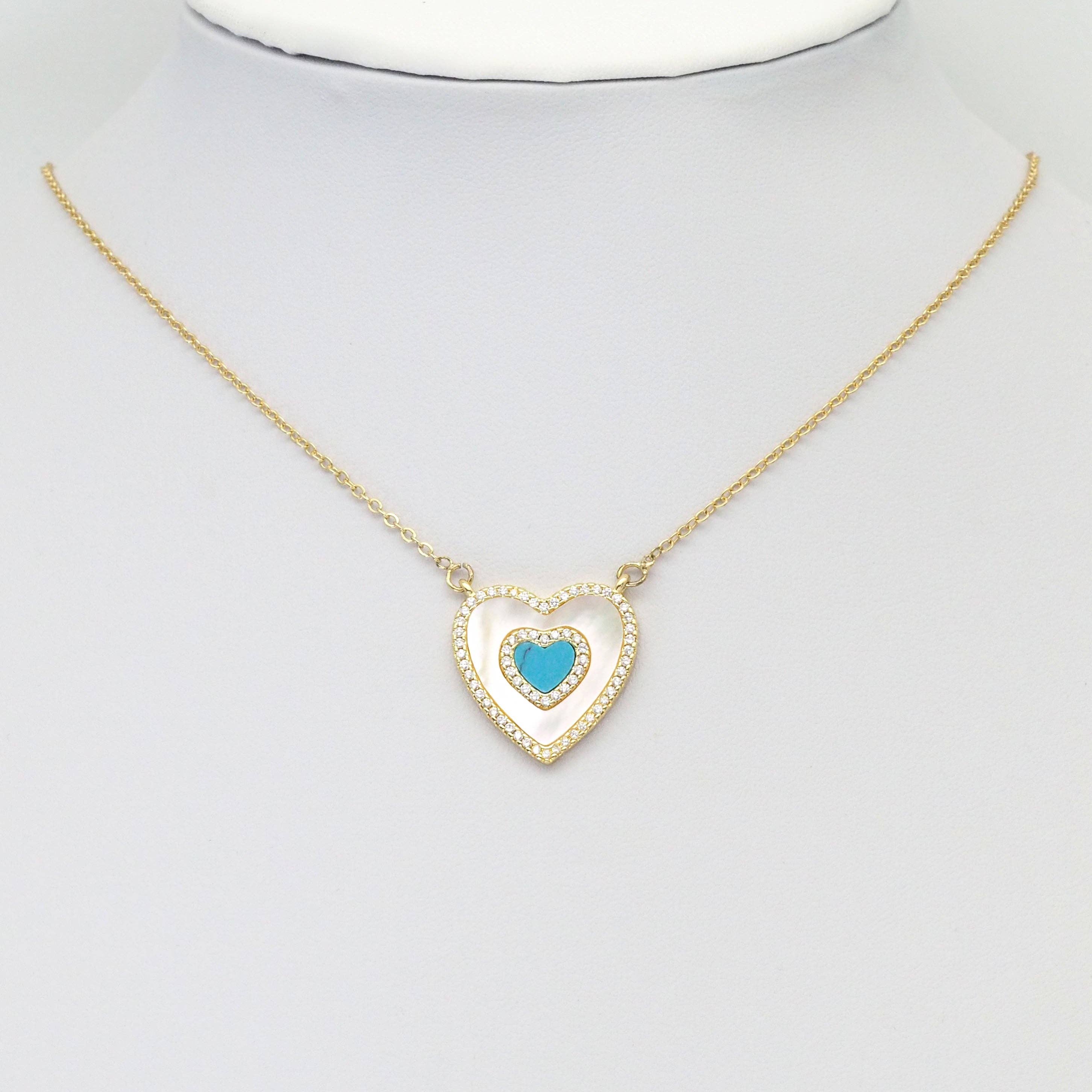 CZ Gold Mother of Pearl Turquoise Malachite Heart  Charm, Sku#LX329