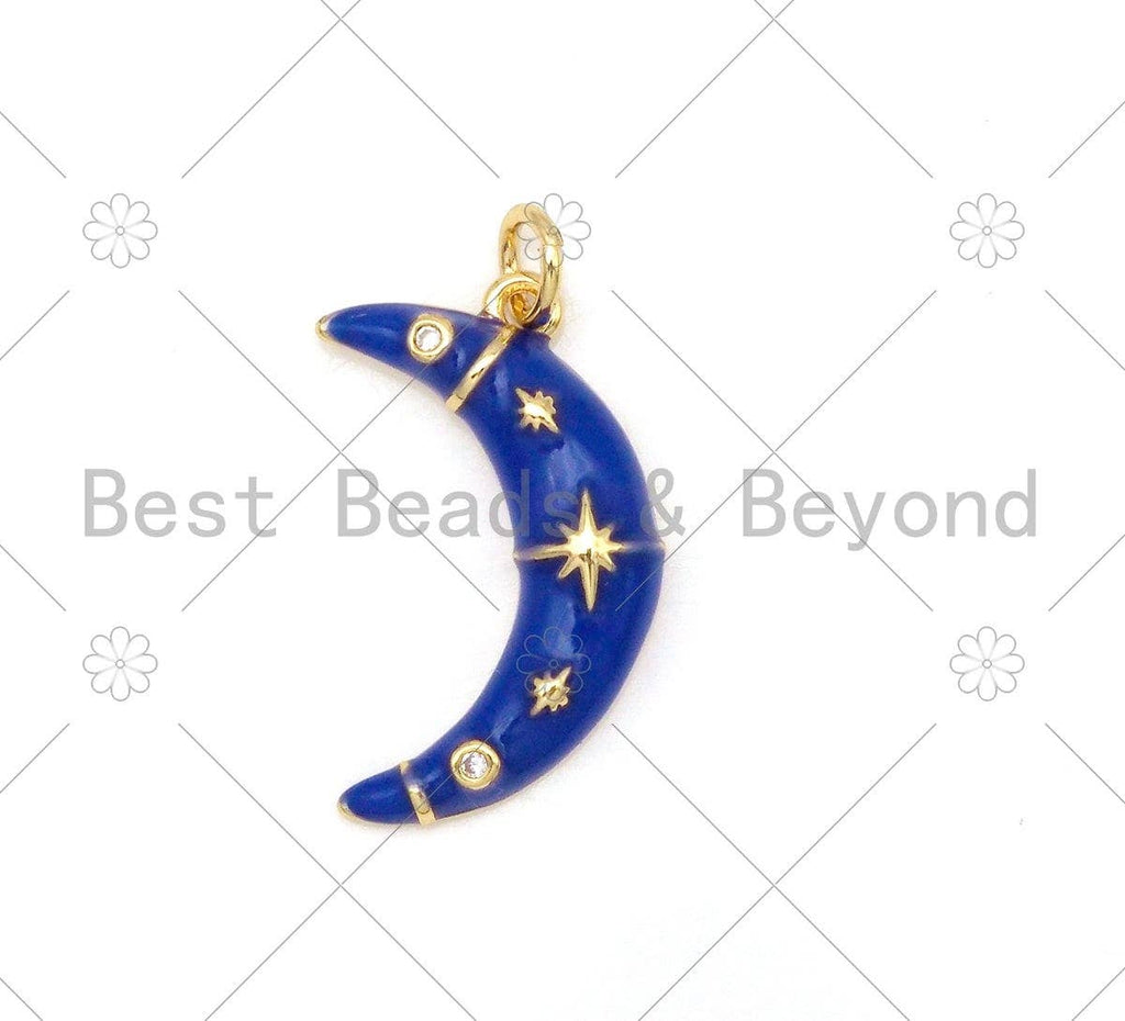 Gold Star Cobalt Blue Enamel Cresent Moon Pendant,CZ Micro Pave 18K Gold Filled Moon Charm,Enamel Jewelry,21x13mm,Sku#Y482
