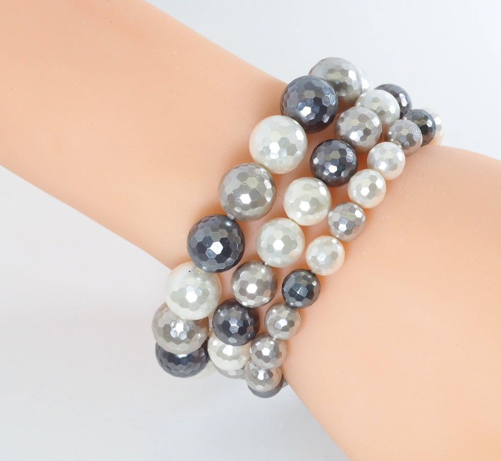 Natural Faceted White Gray MOP Stretchy Bracelet, 8mm/10mm/12mm, Sku#EF276