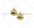Black Enamel Elephant Mom And Baby On Round Coin Shape Pendant,18K Gold Filled Moon Star CZ Charm,Necklace Bracelet Pendant,18x21mm,Sku#L614C