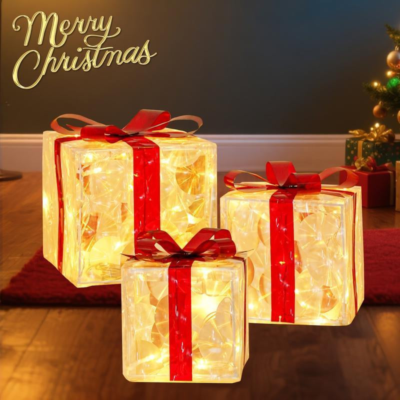 3-Pack Christmas Gift Box Lights – Transparent Red Design with Fairy Light Strings for Indoor Decor. Features Battery Dual Power Supply, 8 Flashing Modes with Timer Function. Perfect for Christmas Trees, Home Decor, Weddings & Birthday Parties