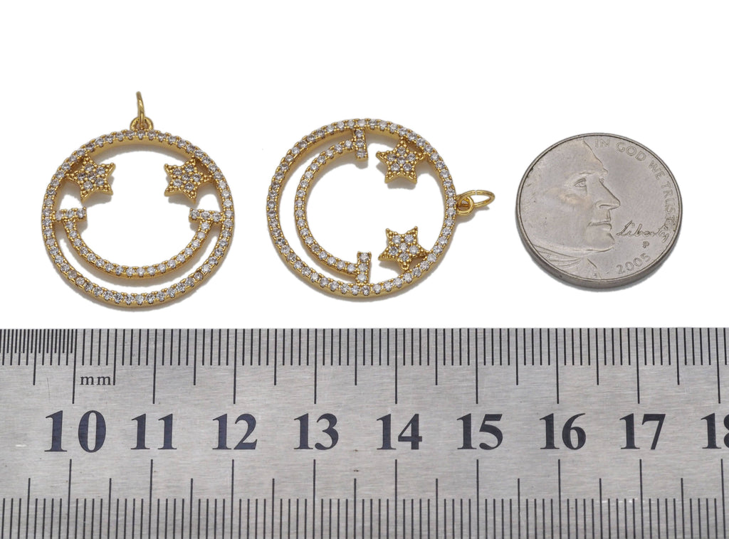 Gold CZ Five Star Smile Face Frame Charm, Sku#Y741