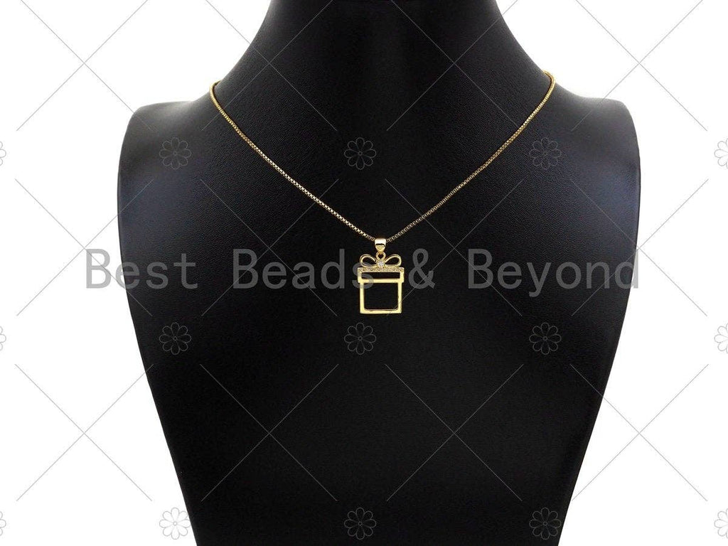 CZ Micro Pave 18k Gold Color Gift Box Shape Pendant, Cubic Zirconia Pendant, Christmas Charm, 20x15mm, Sku#LK206