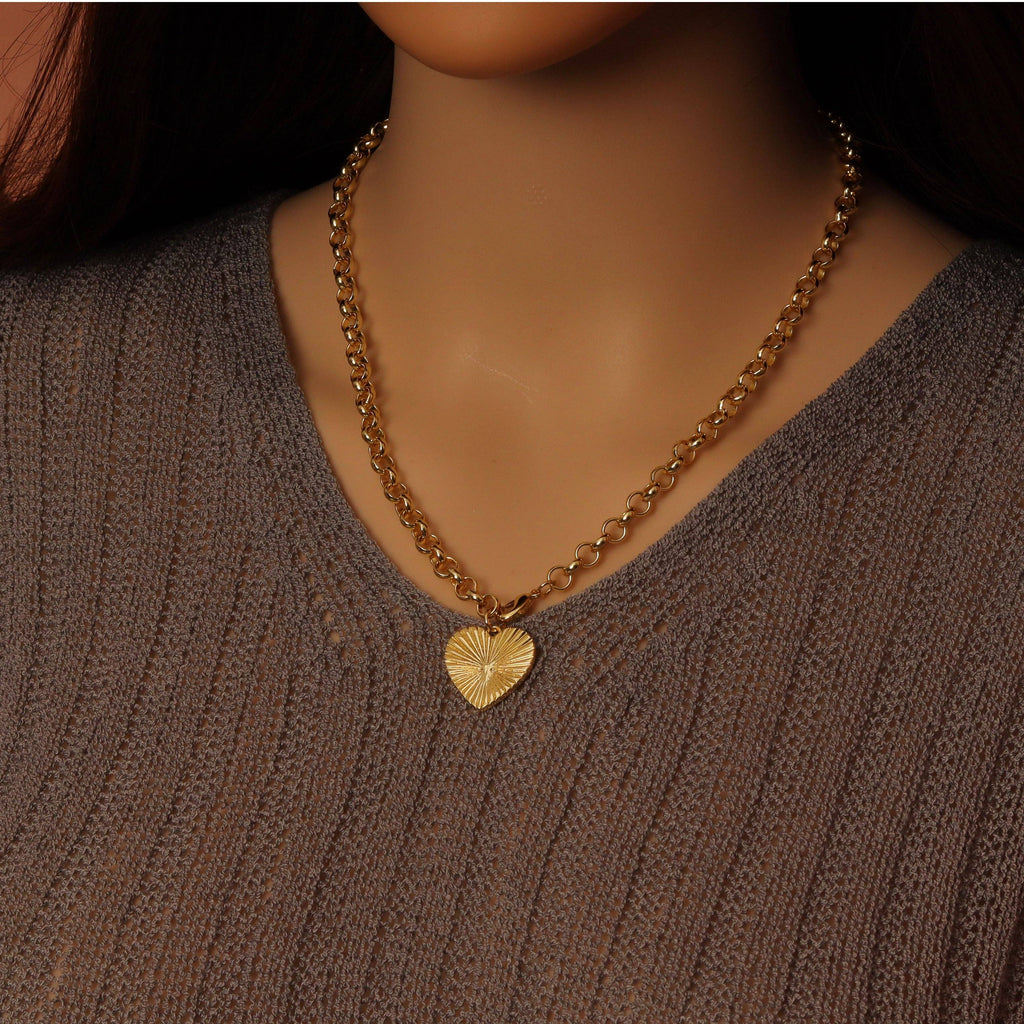Gold Rolo Chain Heart Pendant Necklace, Sku#EF530