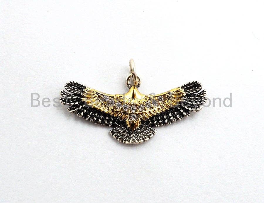 American Eagle Charm, CZ Antique Gold & Silver EAGLE Pendant/Charm, Cubic Zirconia Micro Pave Eagle Pendant Charm, 13x27mm, sku#Y114