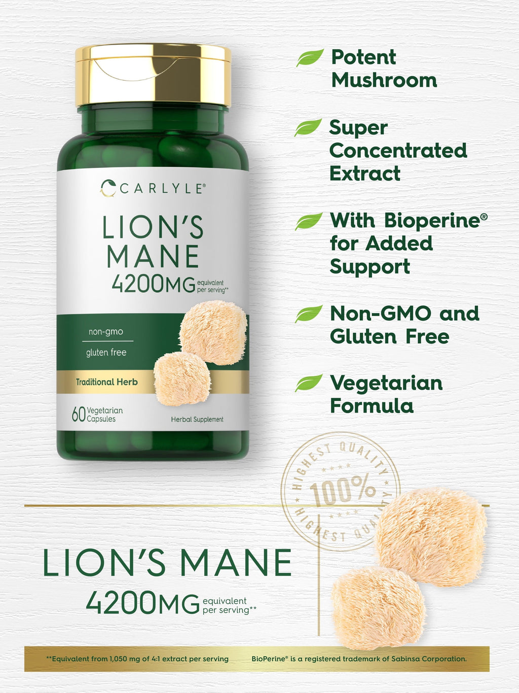Lions Mane Supplement Capsules | 4200Mg | 60 Count | Vegetarian, Non-Gmo & Gluten Free | by Carlyle