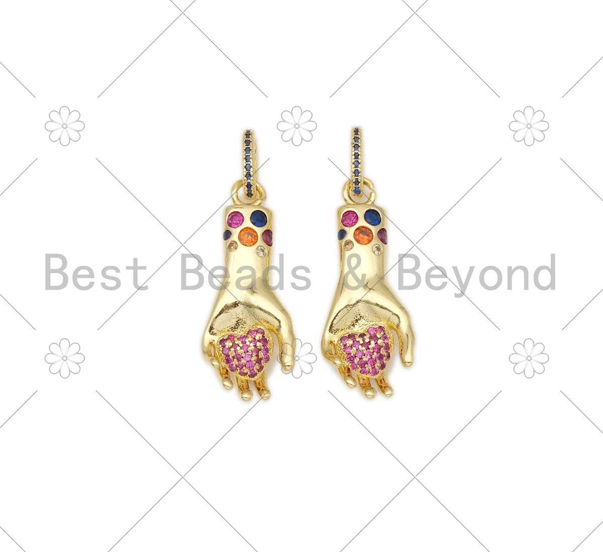 Colorful CZ Micro Pave Heart On Hand Shape Pendant,18K Gold Filled Fuchsia Heart Charm, Necklace Bracelet Pendant, 28x11mm,Sku#Z1390