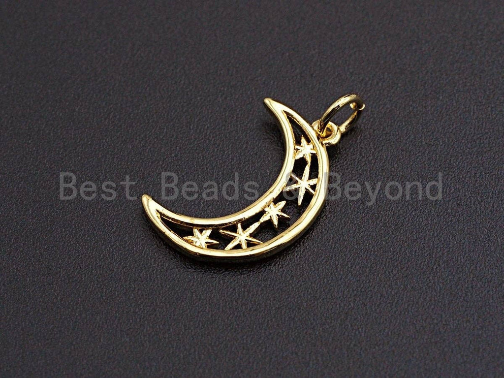 Crescent Moon North Star Hollow Out Pendant, Cubic Zirconia Pendant, Silver/Gold Tone,12x19mm, Sku#Z486