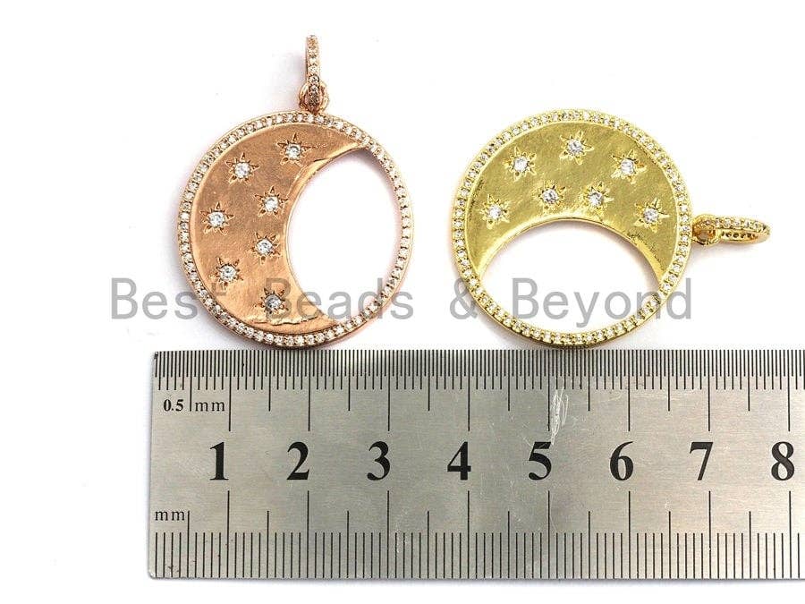 CZ Micro Pave Hollow Round With Moon Star Pendant ,Gold/Silver/Black/Rose Gold ,Cubic Zirconia Jewelry Findings,30x34mm,sku#F700