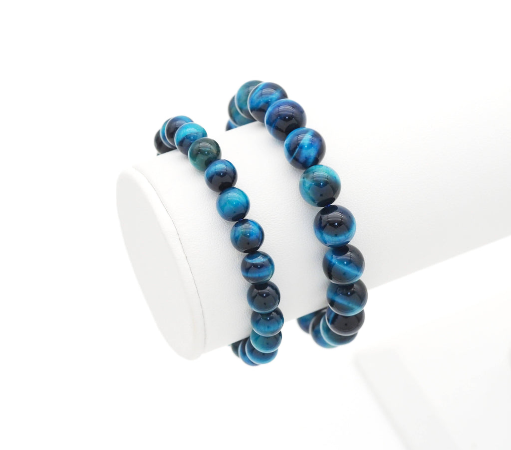 Natural Blue Tiger Eye Round Smooth Elastic Bracelet, Sku#EF232