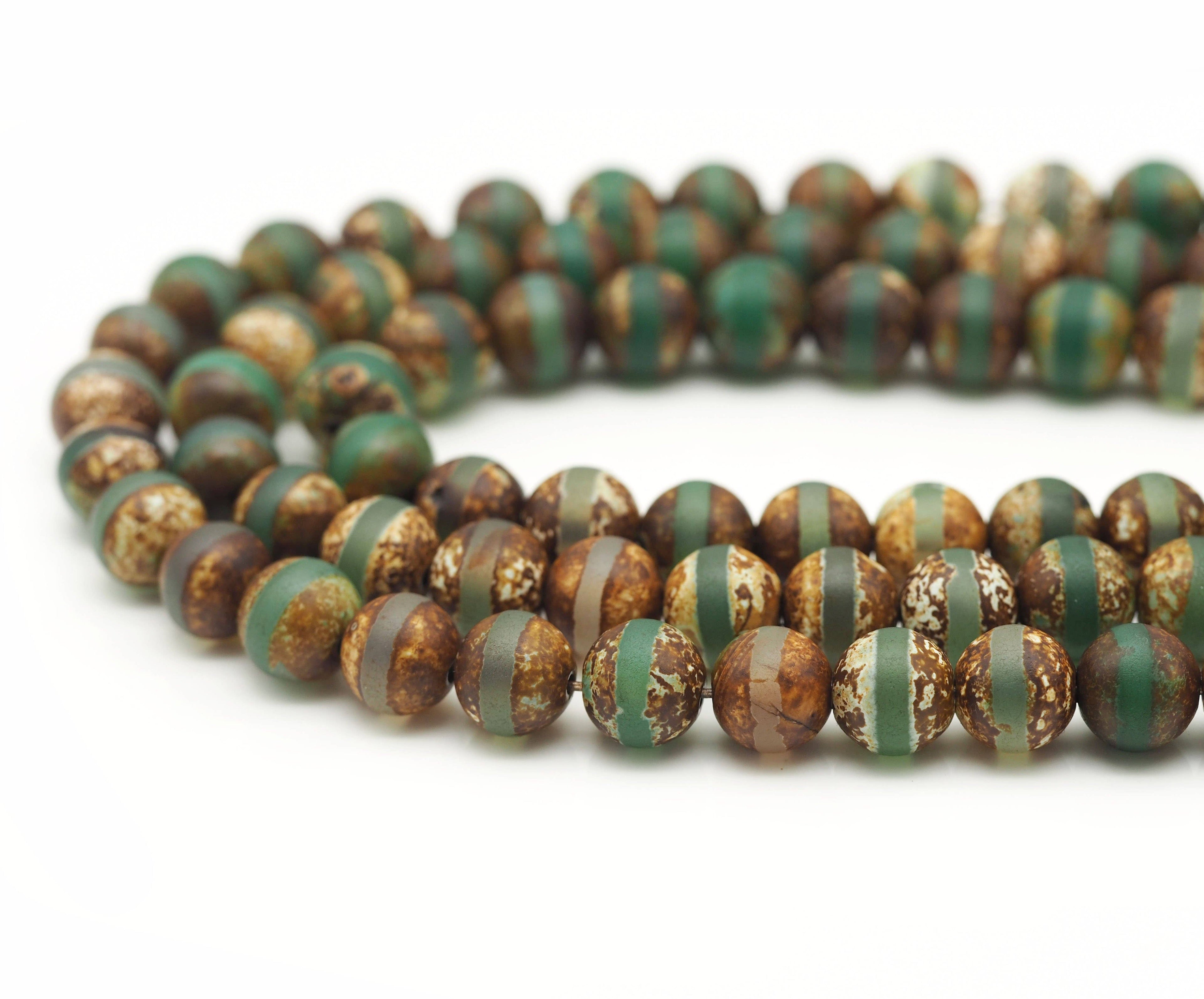 One Line Green Tibetan Agate 10mm Round Smooth Beads, Sku#U1317