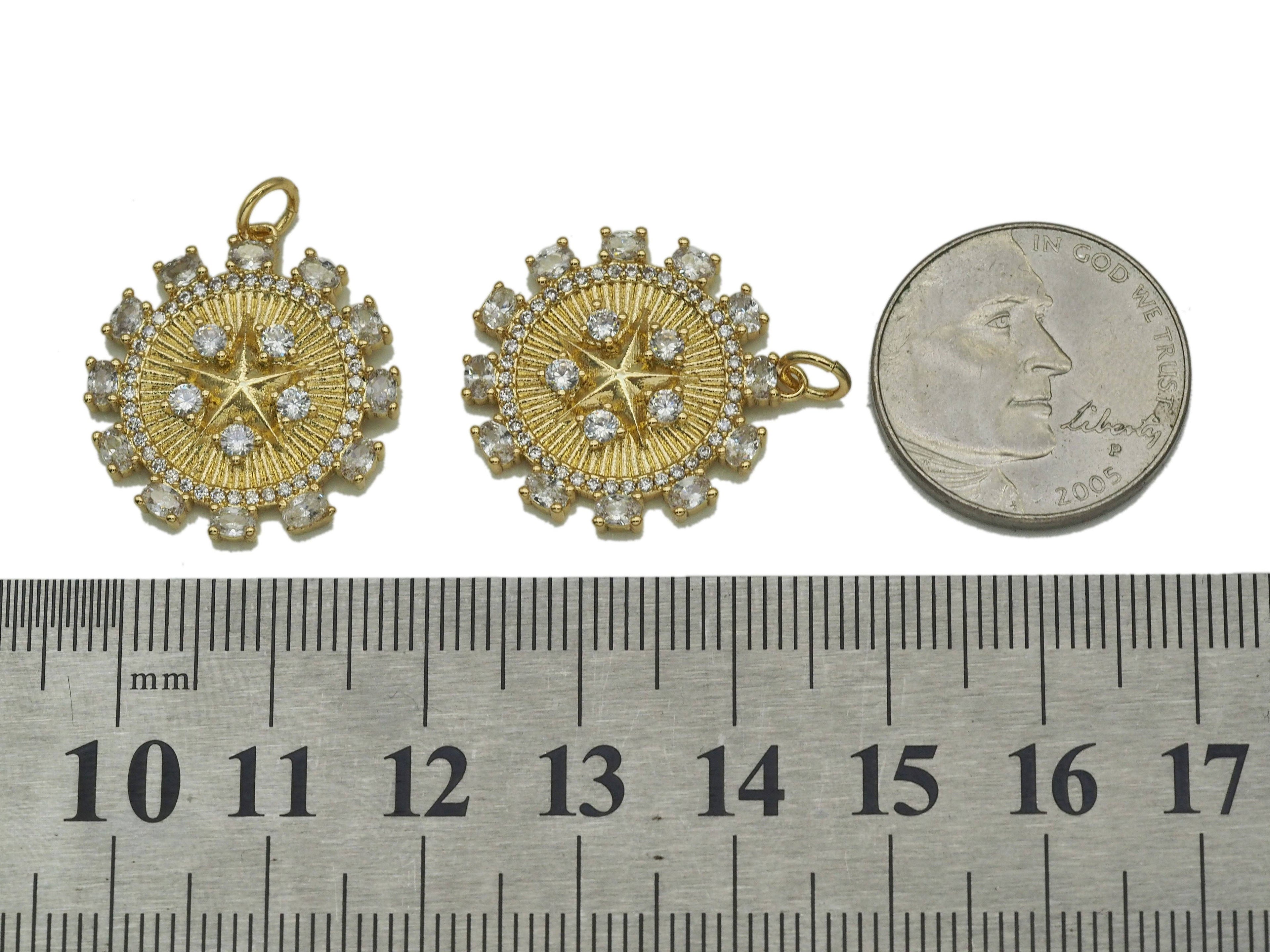 Gold CZ Embossed Five Point Star On Round Flower Charm, Sku#F1508