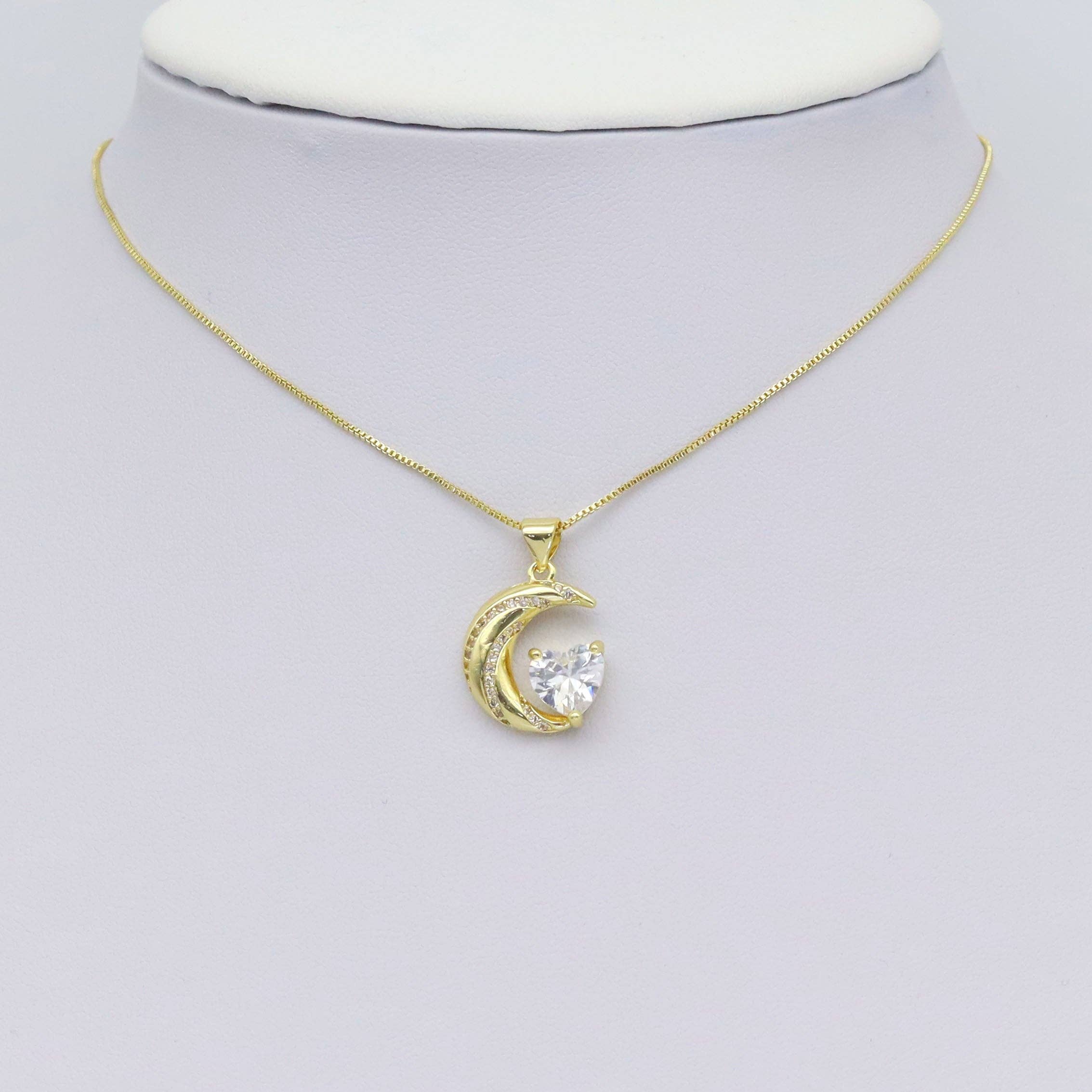 CZ Gold Heart on Cresent Moon Charm, Sku#Y924