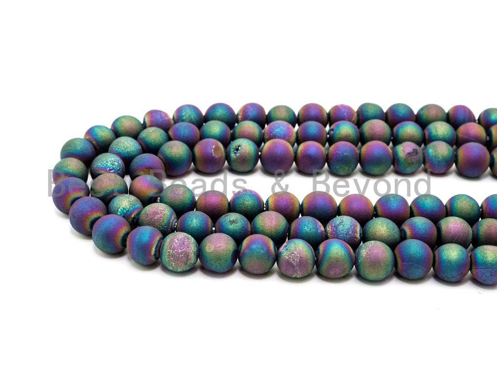 Druzy Rainbow Plated Agate beads, 6mm/8mm/10mm/12mm Smooth Round Matte Finish,Rainbow Plated Natural Agate Beads, 15.5inch strand, SKU#U53