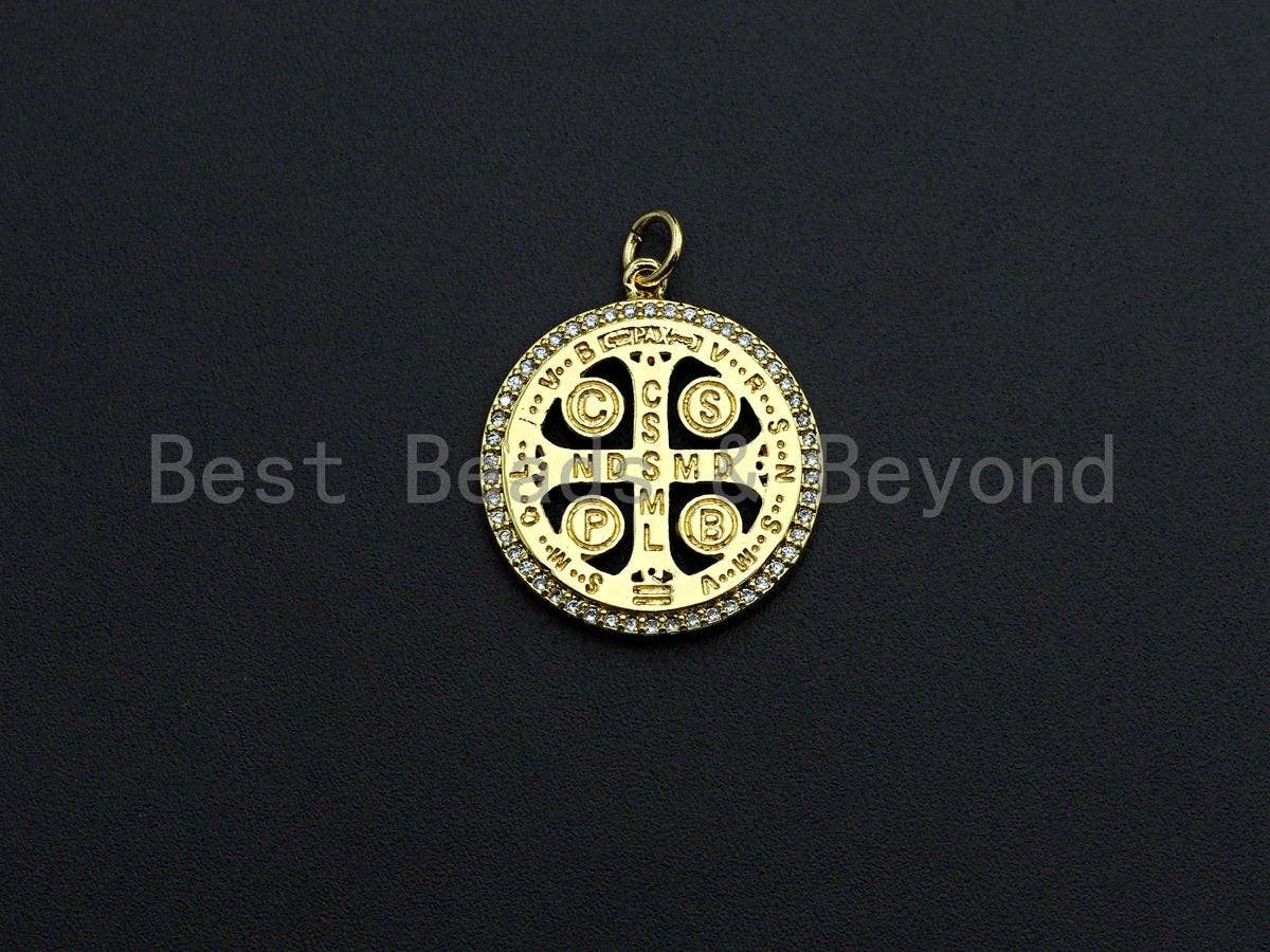 18K Gold Saint Bendict Benito Pendant Charm, Cubic Zirconia Charm, Regilous Jewelry Findings, 22mm,sku#Z852