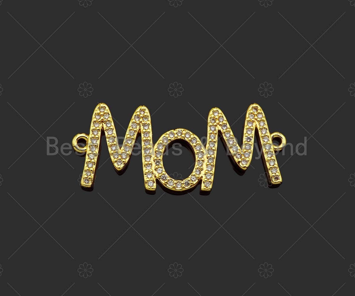 Gold Filled CZ Micro Pave Mom Word Shape Connector, 18K Gold Filled Mom Charm, Necklace Bracelet Links, 34x14mm,Sku#LD111