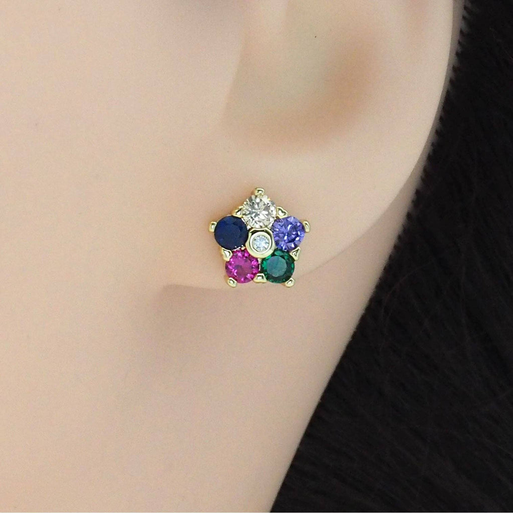 Colorful CZ Gold Dainty Flower Stud Earrings, Sku#LD413
