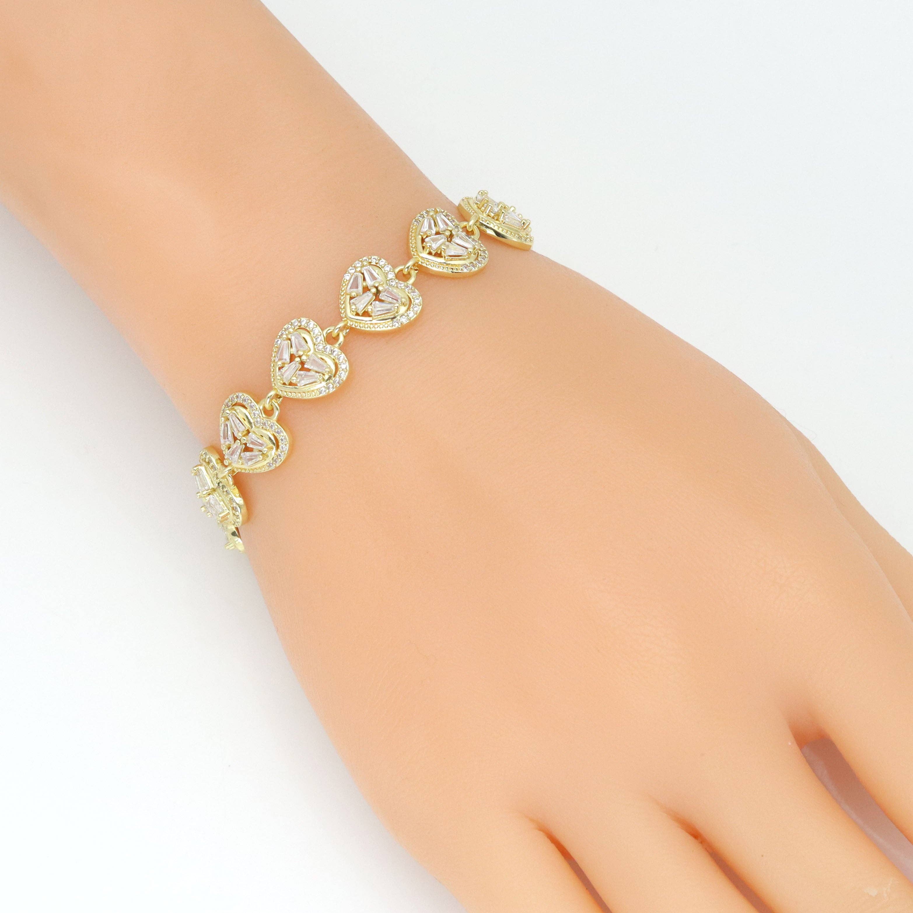 Baguette CZ Gold String Heart Link Adjustable Bracelet, Sku#LD669