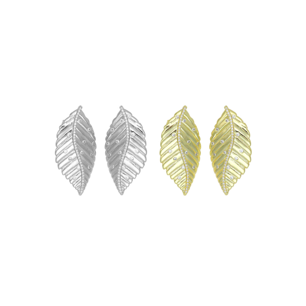 CZ Gold Silver Leaf Shape Statement Earrings, Sku#LX788