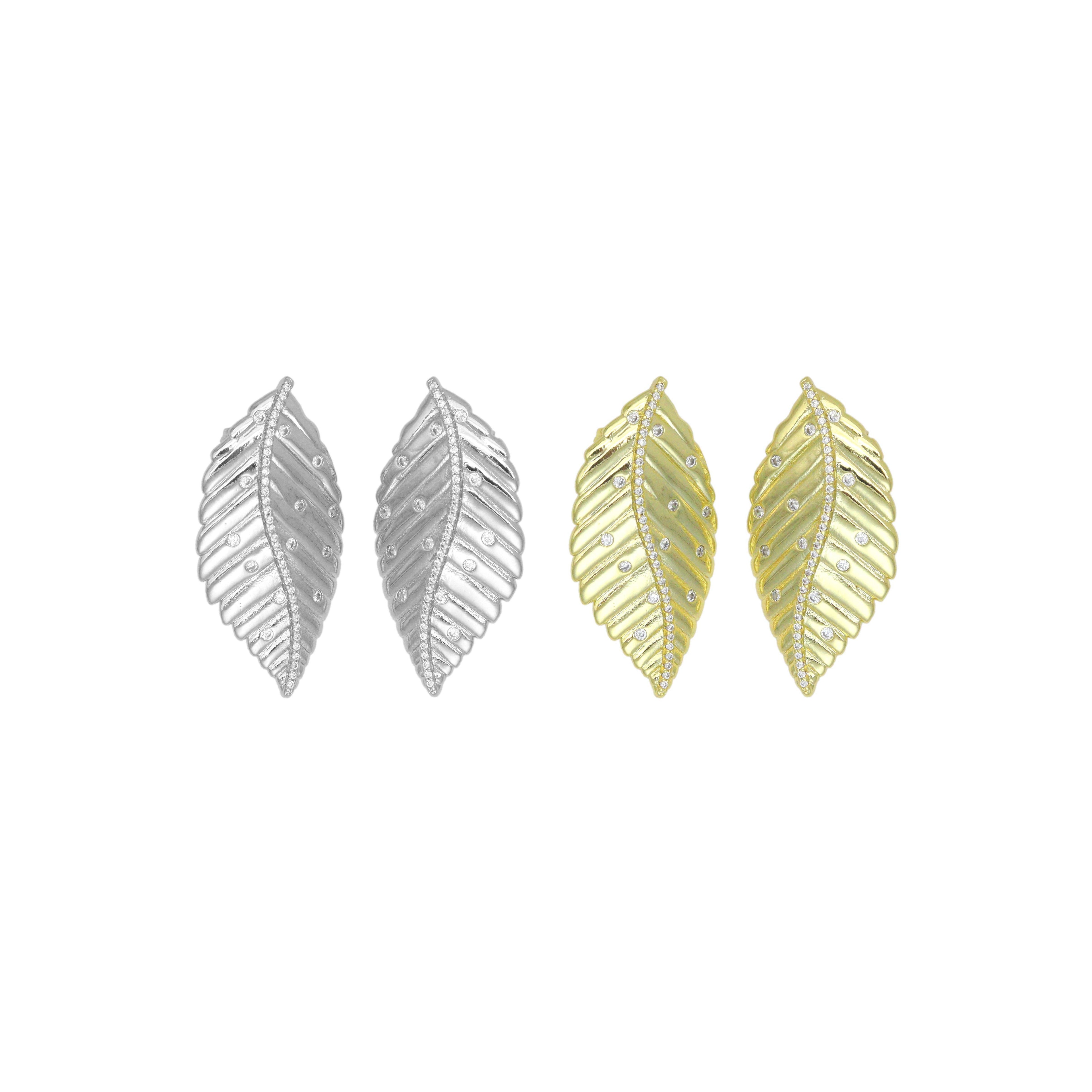 CZ Gold Silver Leaf Shape Statement Earrings, Sku#LX788