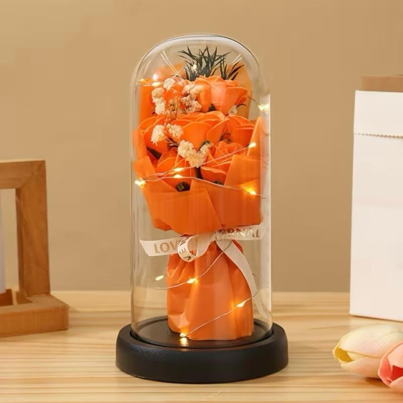 Eternal Rose Soap Flower Bouquet with LED Glass Dome – Romantic Gift Decor