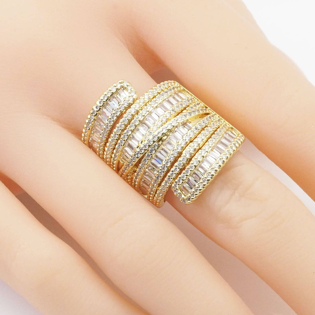 Chunky Gold Baguette CZ Curve Adjustable Ring, Sku#Y788