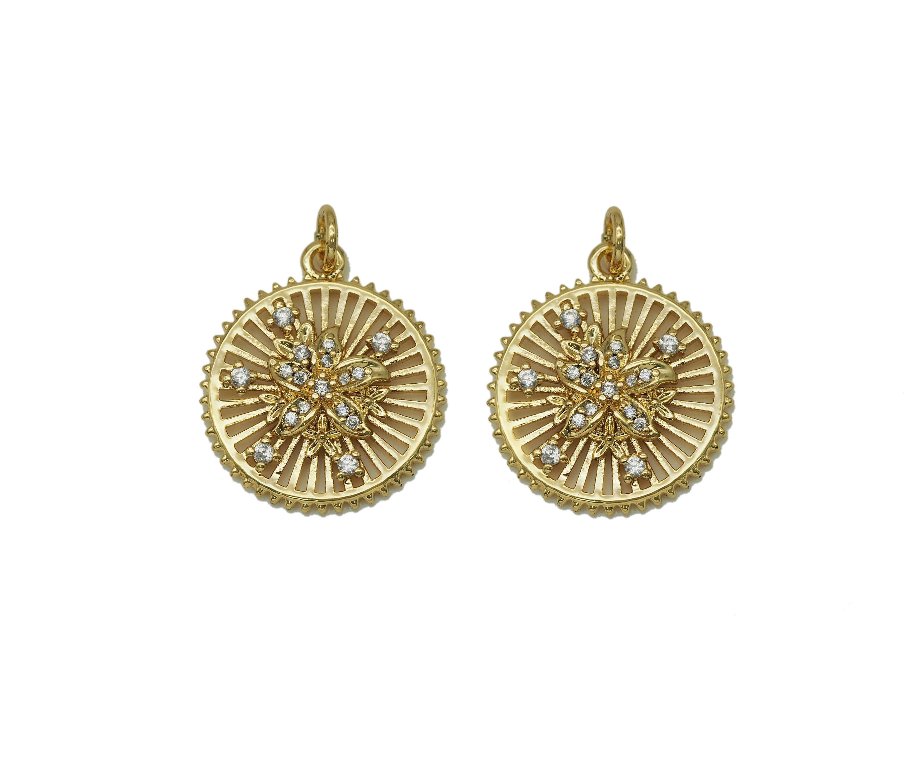 CZ Flower On Hollow Out Round Charm, Sku#F1488