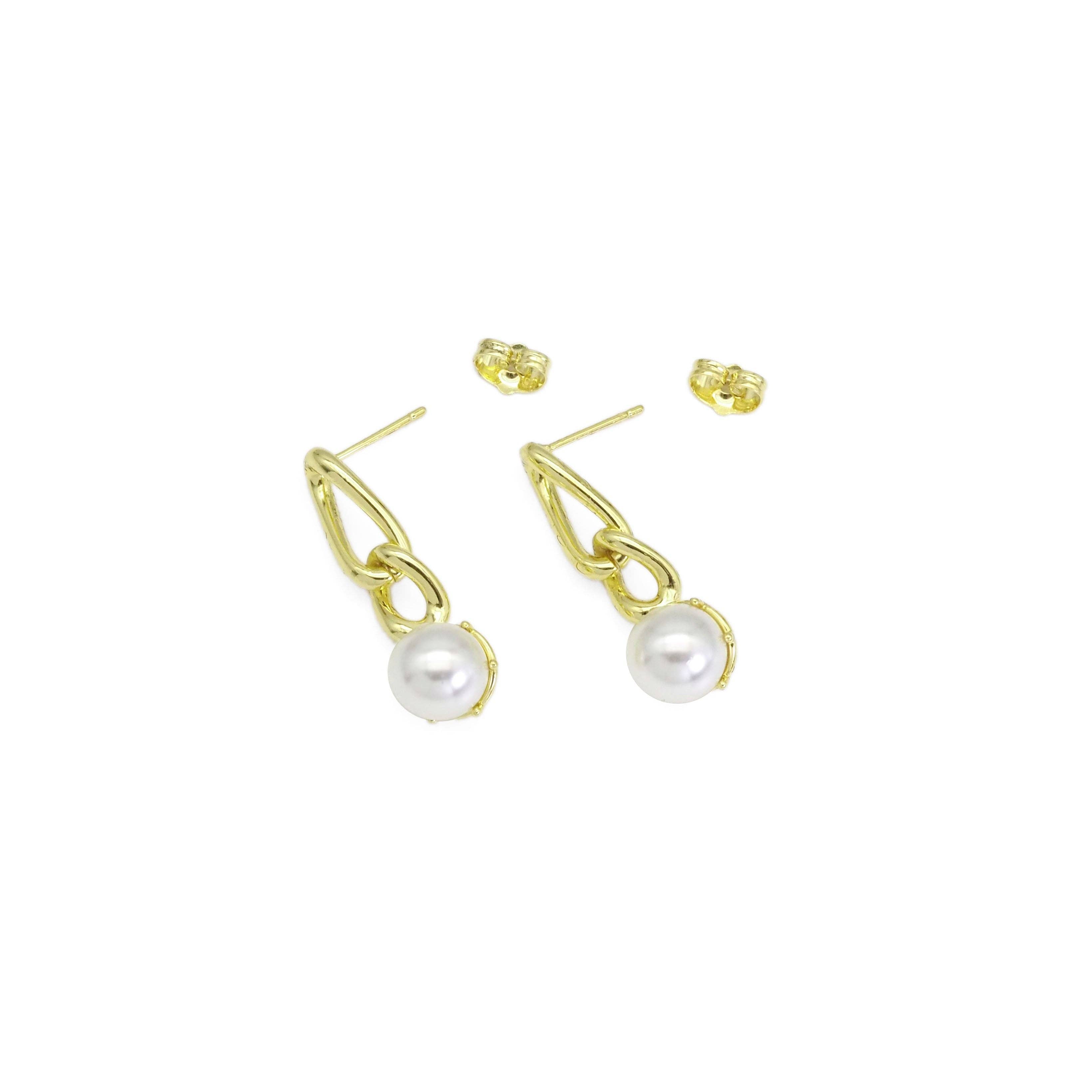 CZ Gold Link Chain White Pearl Stud Earrings, Sku#LD499