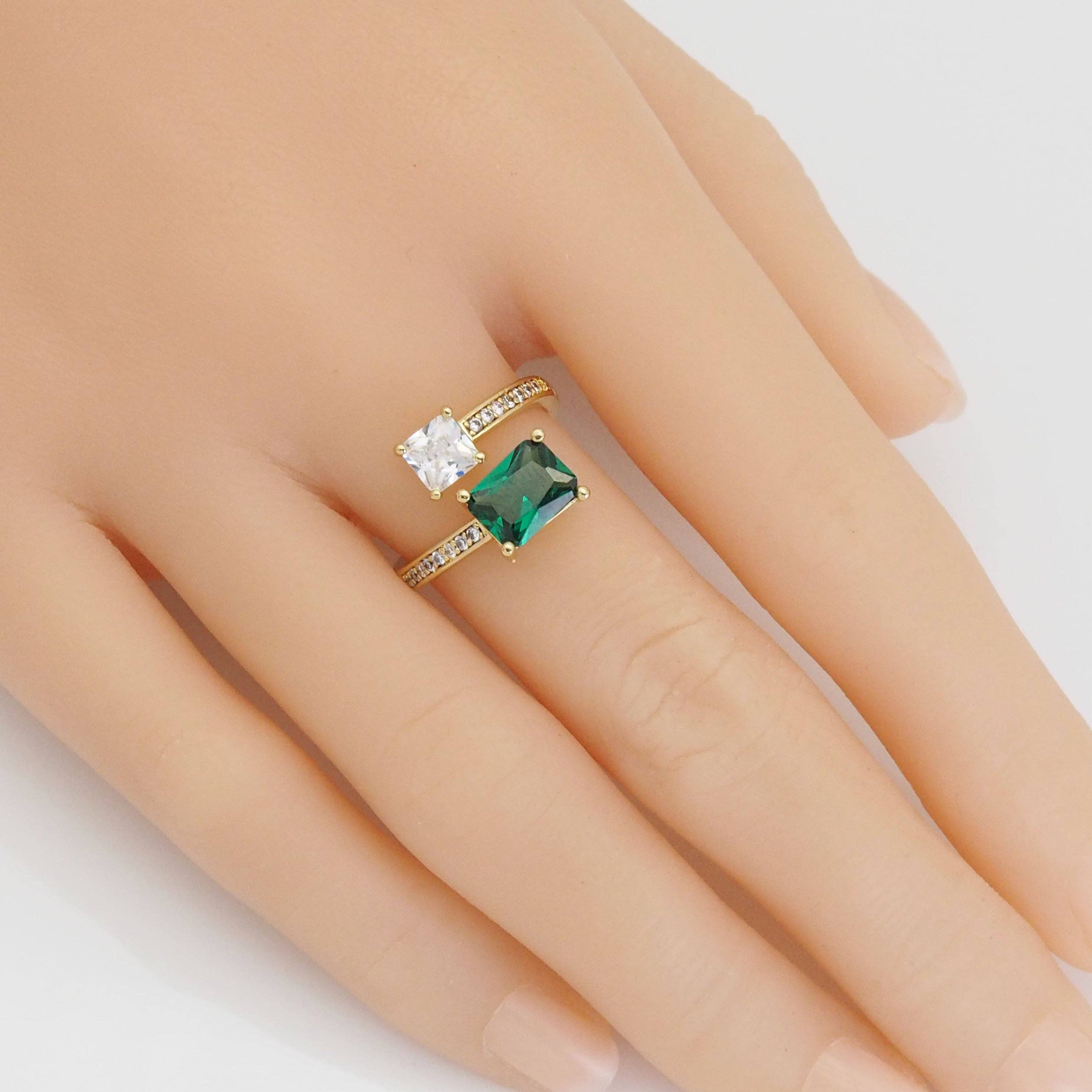 Gold Silver Green Clear Square CZ Adjustable Ring, Sku#A134