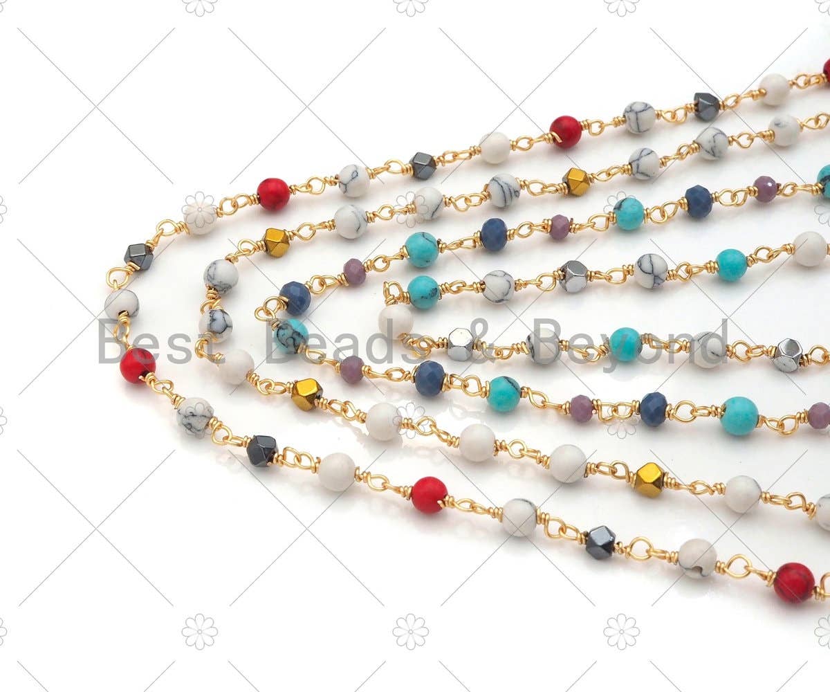 1 Foot/Yard- 4mm round beads with 3mm hexagon gold silver spacer Rosary Chain- Brass Wire Wrapped Gold Plated Chain- Link Findings, sku#V66